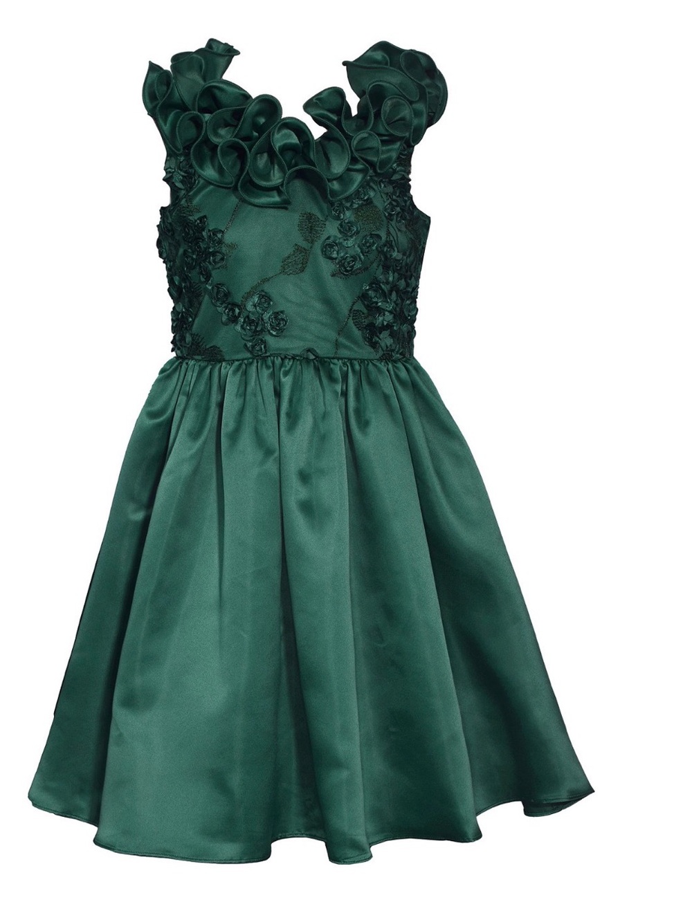 Bonnie Jean Emerald Green Ruffle Floral Satin Dress - Picture 1 of 13